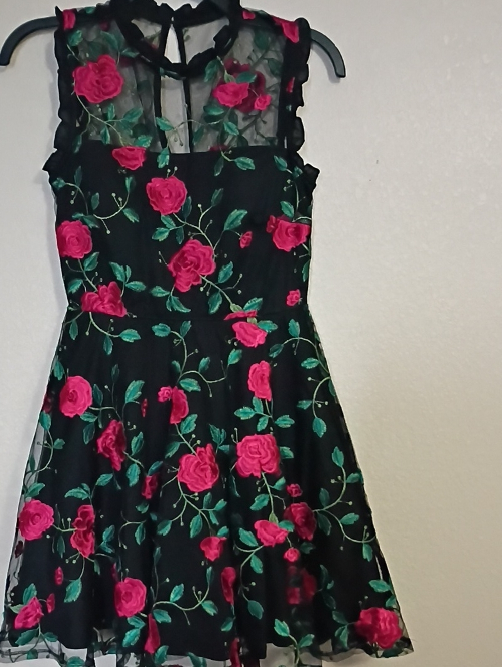 City Studio Black Dress with Pink Rose Embroidery